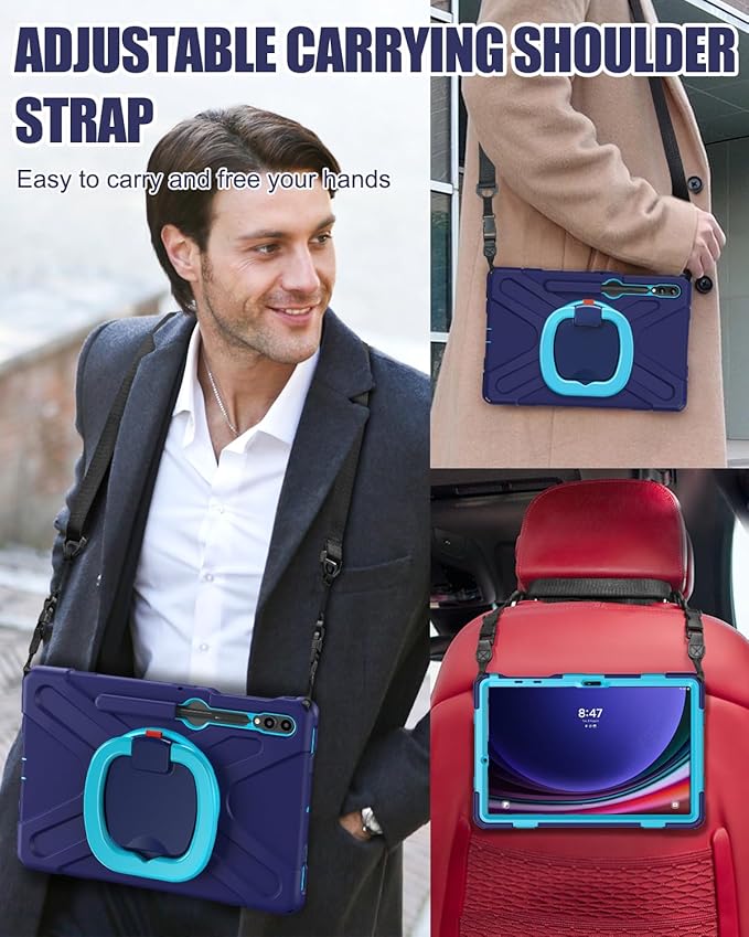 BRAECN Case for Samsung Galaxy Tab S9 FE+ Plus/S9+ Plus/S8+ Plus/S7 FE/S7+ Plus 12.4 Inch, Rugged Silicone Cover with Handle Grip, Kickstand, Shoulder Strap, S Pen Holder, Navy Blue
