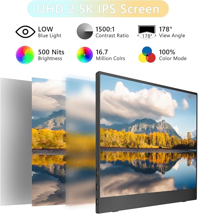 2.5K Portable Monitor 15.6inch UHD 2560 * 1680 for Laptop, 100% sRGB 500nits HDR IPS External Display w/Smart Cover & VESA Mount, USB-C HDMI Travel Second Screen for PC Mac Phone Xbox PS5