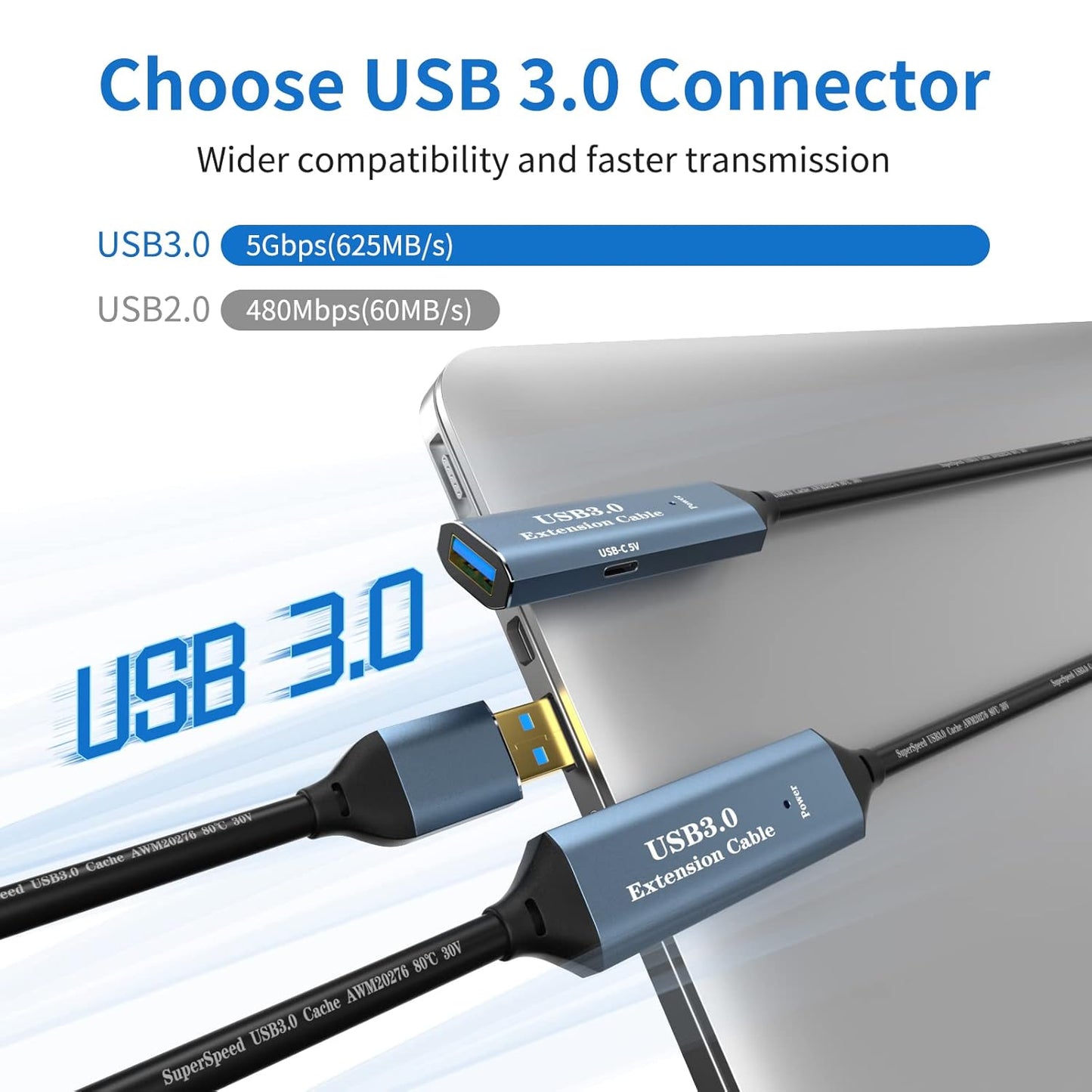 USB 3.0 Extension Cable 65FT Type A Male to Female Active Extender Cord with 3 Extension Chipsets Signal Booster and 1 USB-C Charging Port, for Webcam, PlayStation, Printer, Camera