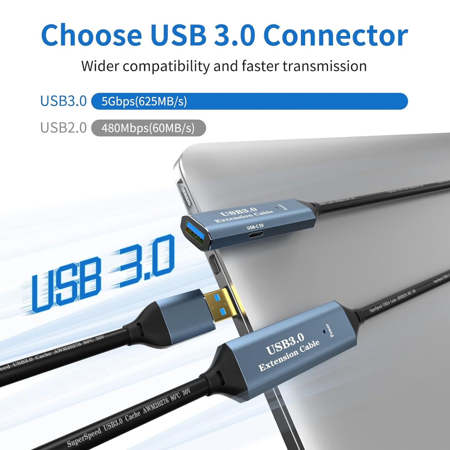 USB 3.0 Extension Cable 16.4FT Type A Male to Female Active Extender Cord with 1 Extension Chipsets Signal Booster and 1 USB-C Charging Port, for Webcam, PlayStation, Printer, Camera