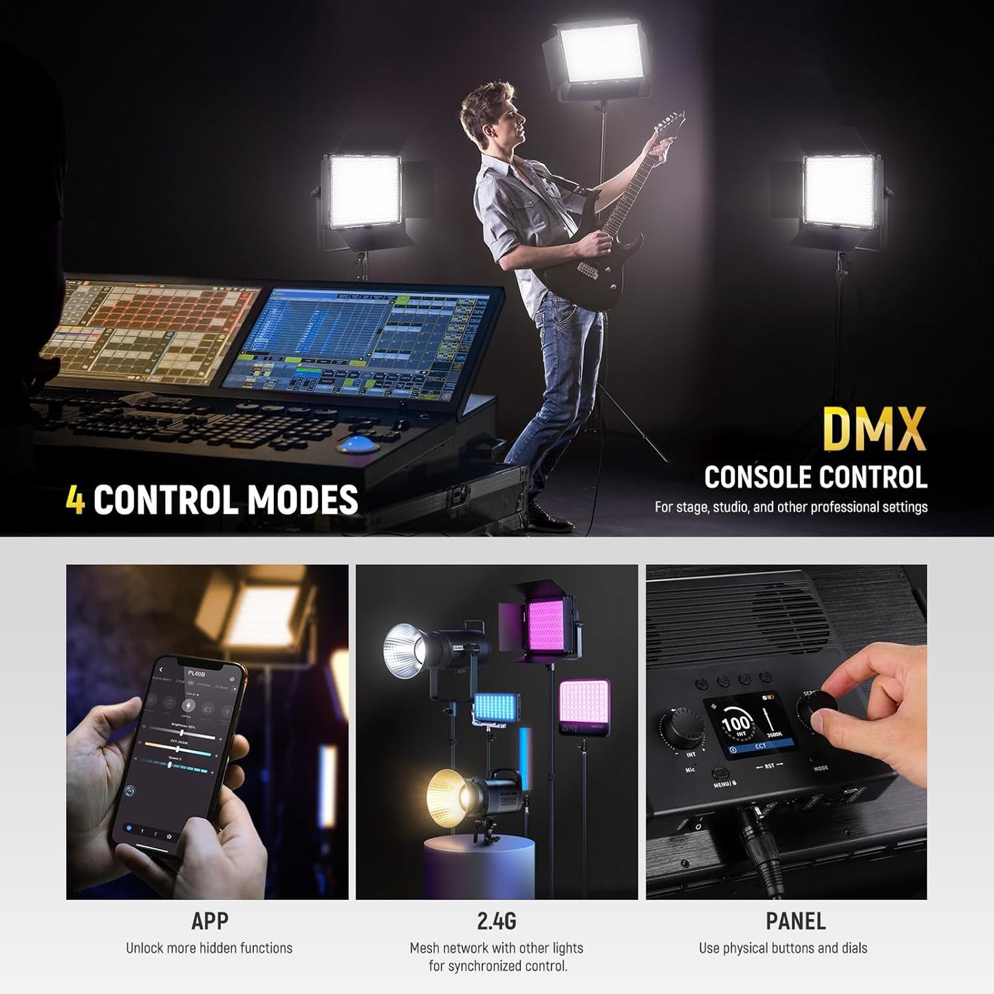 NEEWER Bi Color LED Panel Video Light APP/2.4G/DMX Control, 60W 26600Lux/0.5m 2500K-8500K 13 Scenes V Battery Powered, Lighting for Studio Photography Outdoor Photo Recording Makeup Streaming, PL60B
