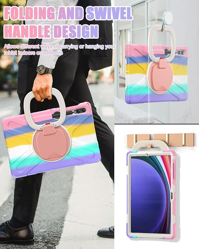 BRAECN Case for 12.4 Inch Samsung Tablet S9 FE+ Plus/ S9+ Plus/ S8+/ S7 FE/ S7+ SM-X610/810 2023, Rugged Silicone Case with S Pen Holder, Handle Grip, Kickstand,Shoulder Strap, Colorful Pink