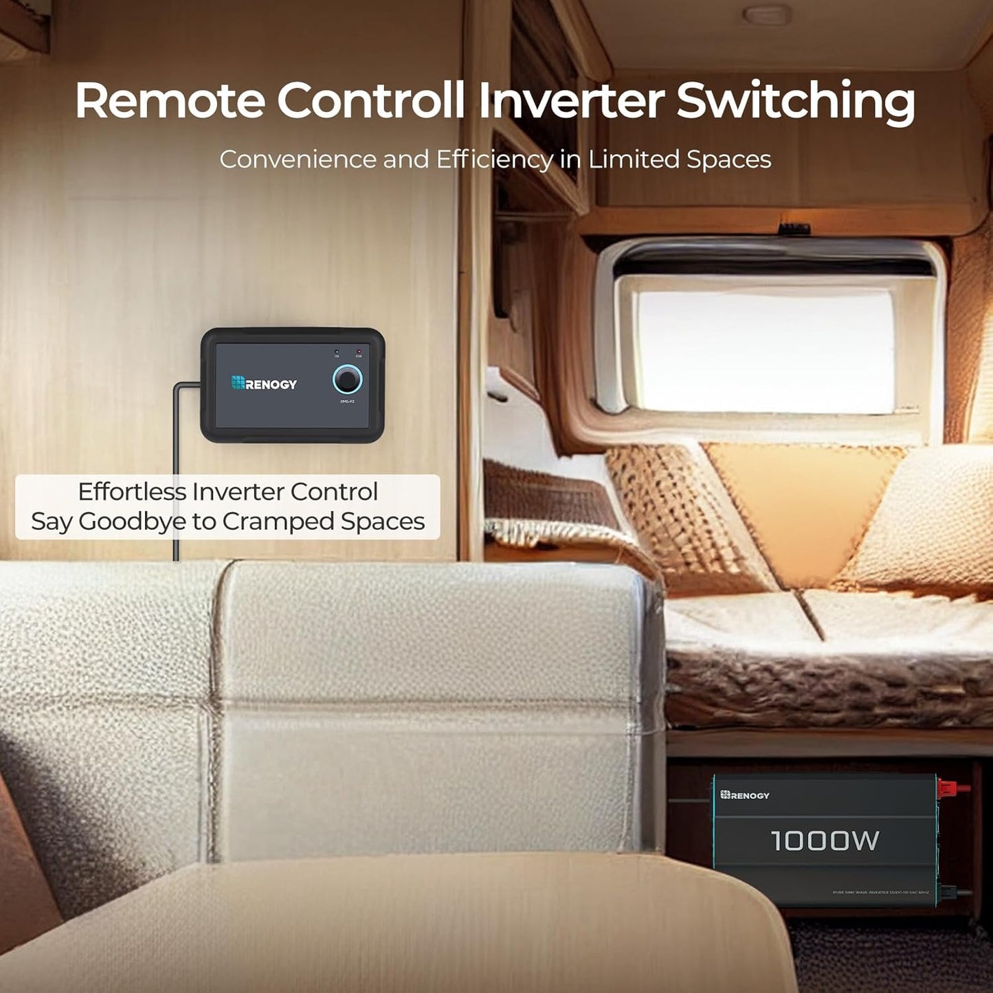 Renogy Inverter P2 1000 watt Pure Sine Wave Inverter, Solar Car Power Inverter 12V to 120V AC Converter for RV, Truck, Camping, Home Backup, Outdoor, Emergency, Off-Grid Living, 16.4FT Remote Control