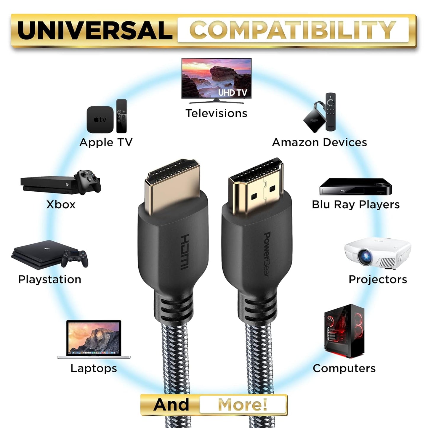 PowerBear 4K HDMI Cable 75 ft | High Speed Hdmi Cables, Braided Nylon & Gold Connectors, 4K @ 60Hz, Ultra HD, 2K, 1080P, ARC & CL3 Rated | for Laptop, Monitor, PS5, PS4, Xbox One, Fire TV