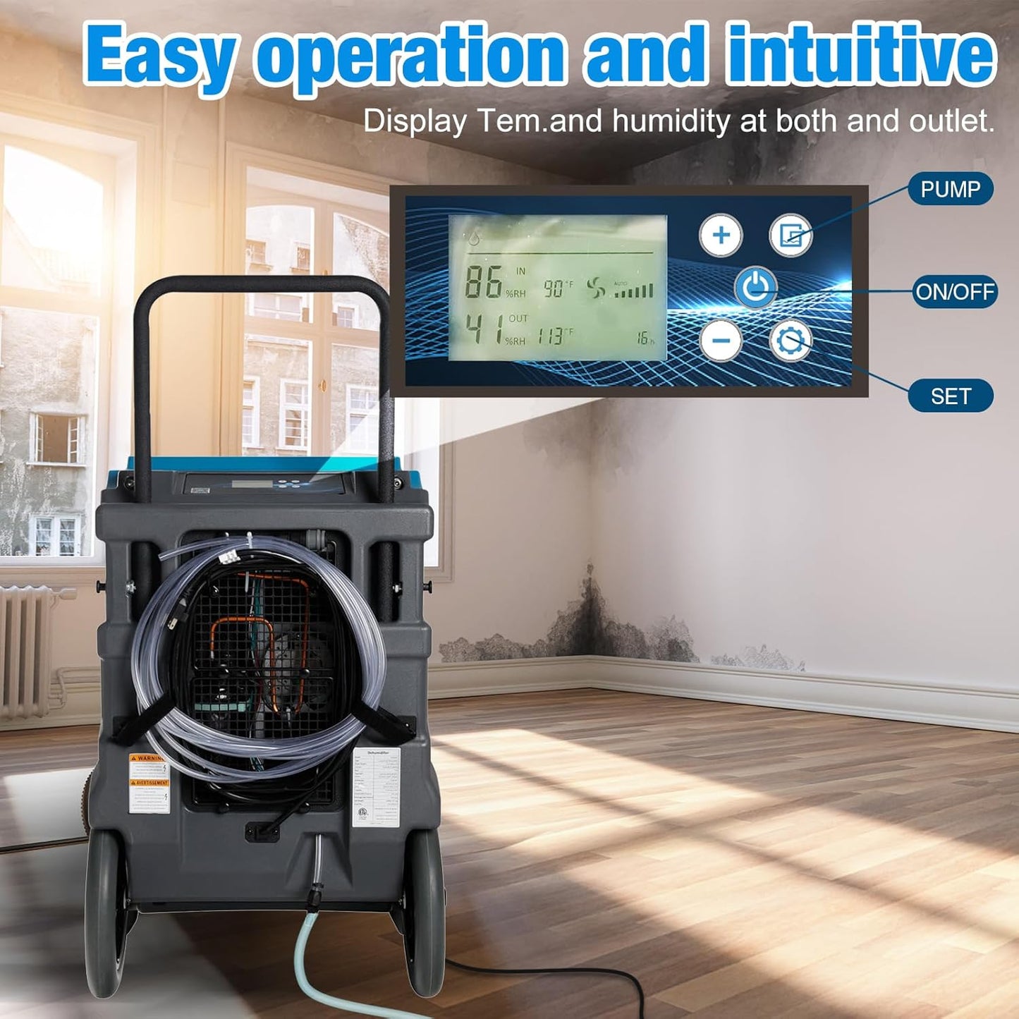 MOUNTO 310 Pints LGR Commercial Dehumidifier with Built-In Pump and Drain Hose – Portable, Heavy-Duty Dehumidifier with Wheels for Basements, Garages, Home, and Job Sites (Blue)