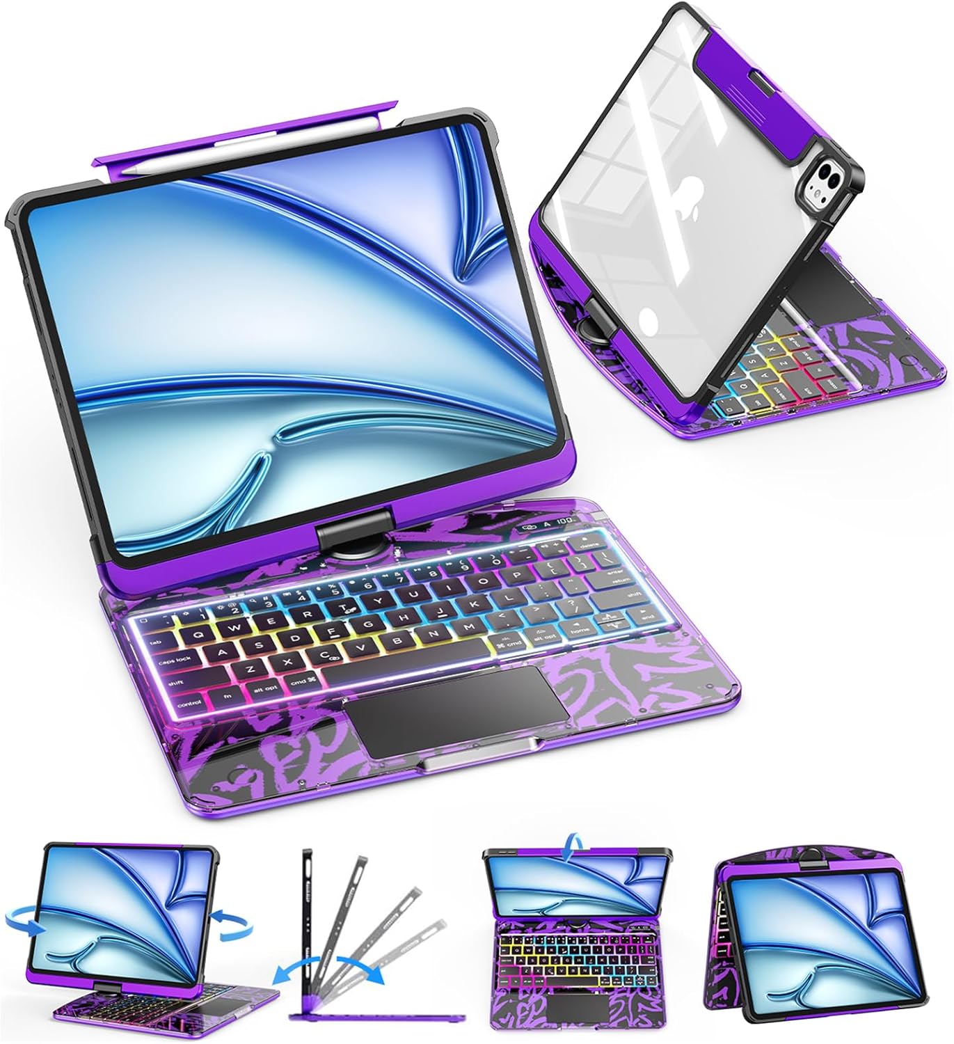 SIEBITU Clear Wireless Keyboard Case for iPad Air 11-inch (M3 2025/M2 2024) & iPad Pro 11-inch 4th 3rd 2nd 1st Gen, 7-Color Backlit with Multi-Touch Trackpad for 10.9" iPad Air 4th/5th Gen, Purple