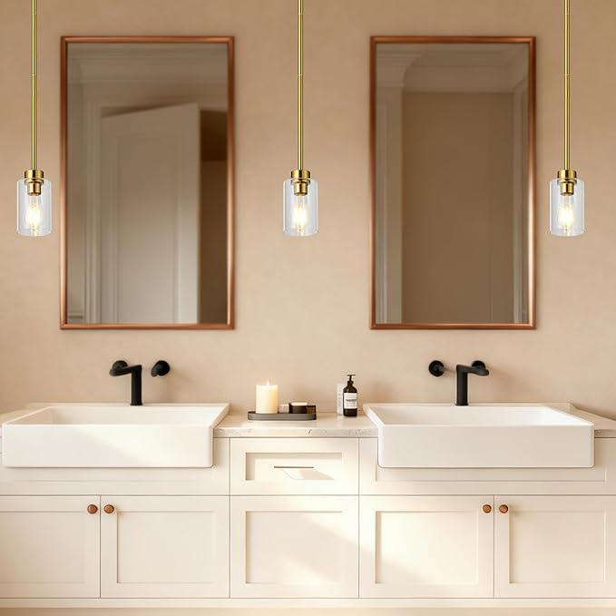 Brass Pendant Lights Kitchen Island 3 Pack, Farmhouse Gold Pendant Light with Clear Glass Shade, Kitchen Island Lighting for Dining Room Entrywa