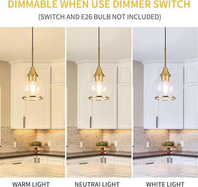 1-Piece Island Light for Kitchen, 1-Light Gold Kitchen Island Hanging Pendant Light, Brushed Gold Dining Room Light Fixture Over Table with Clear Round Glass Shades