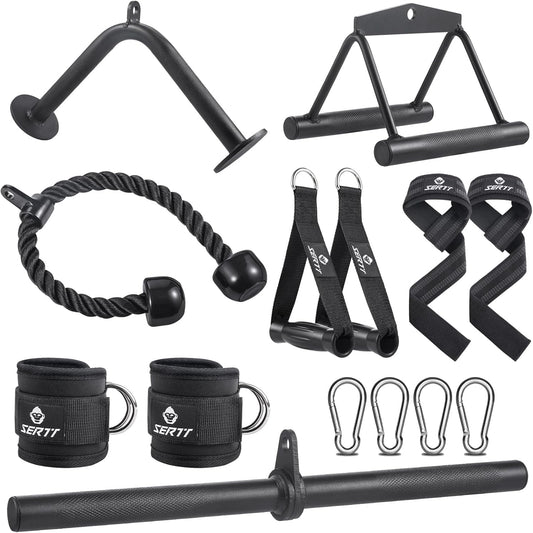 SERTT Workout Cable Machine Attachment for Home Gym, LAT Pulldown Attachments, Cable Accessories for Weight Training, Straight Pull Down Bar, Tricep Rope, Double D Row Handle, V-Shaped Bar