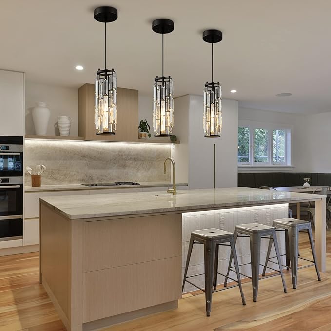 Pendant Lights Modern Black Pendant Light Mini Crystal Chandelier Pendant Lighting for Kitchen Island Dinning Room Bedroom Kitchen Sink Lighting (Black 2-Pack)