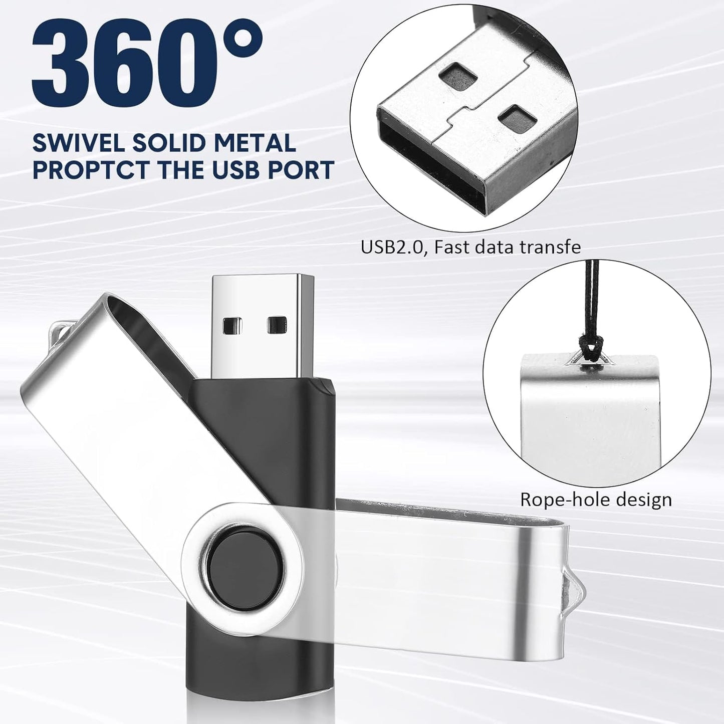 3 Pack 128GB USB Flash Drive with Type C Adapter and Storage Box USB 2.0 High Speed Metal Pen Drive 360° Rotatable Storage Memory Stick for Phone/Pad/PC/Laptop/Android - Black(3-Pack 128GB)