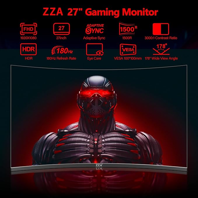 ZZA 27 Inch Curved Computer Monitor,200Hz|180Hz|144Hz Pc Monitors FHD 1080P 1800R VA Screen, Monitor 27 inch 100% sRGB, AMD FreeSync Eye Care Ultra-Thin Bezels HDMI & DP Port