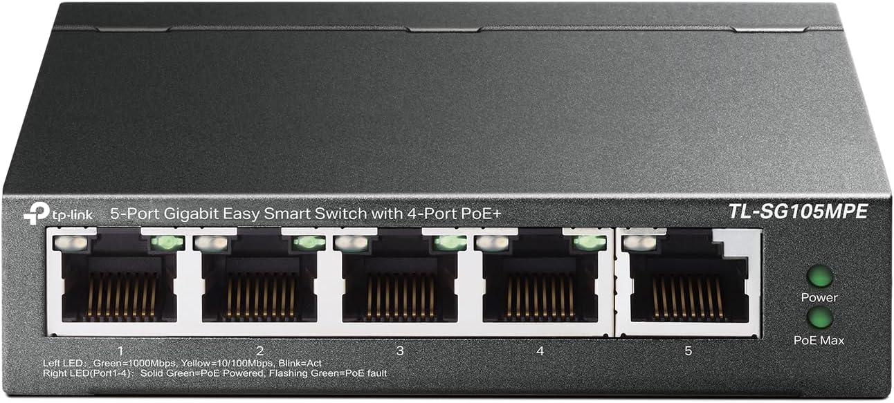 TP-Link TL-SG105MPE | Easy Smart Managed | 4 PoE+ Ports @120W, w/ 1 Uplink Gigabit Port | QoS, Vlan, IGMP & LAG | Fanless | PoE Auto Recovery | 3 Year Protection