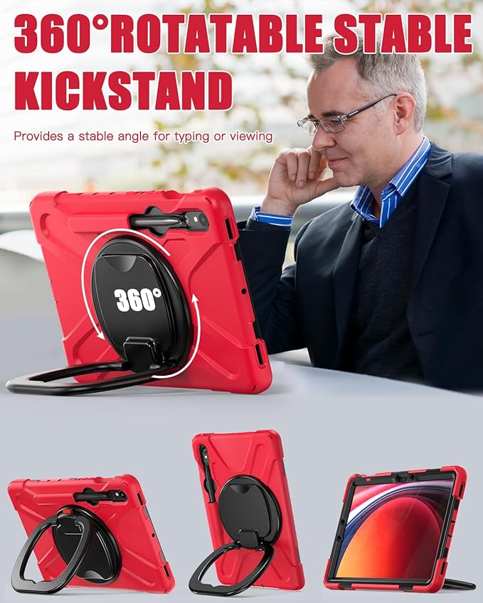 BRAECN Case for Samsung Galaxy Tab S10 Lite/S10 FE 2025 & S9 FE/S9/S8/S7 10.9/11 Inch | Heavy Duty Protective Silicone Cover with Kickstand, Shoulder Strap & S Pen Holder Support S Pen Charging, Red