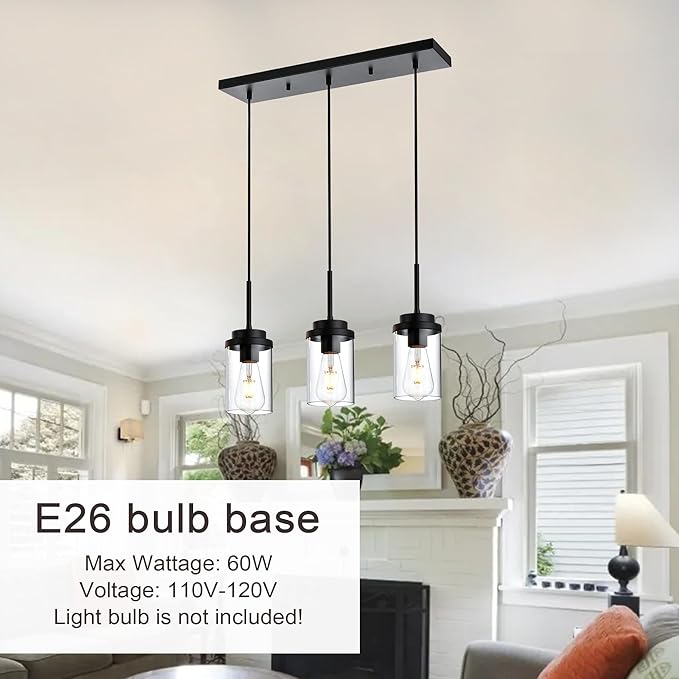 MELUCEE 3 Lights Linear Chandelier Black Finish Kitchen Pendant Lighting Over Island Dining Room Light Fixtures Ceiling Hanging Lamp with Clear Glass Shade, 20.5 Inches Length