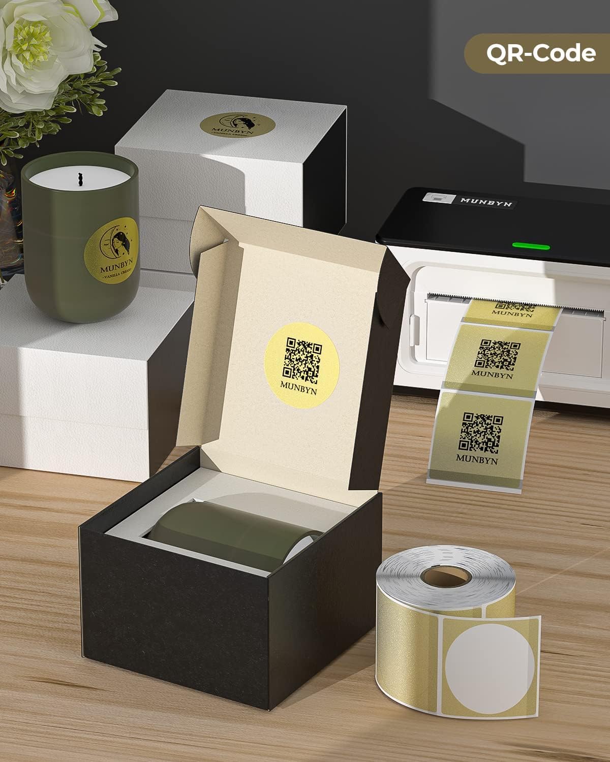 MUNBYN 2 Inch (50.8X 50.8mm) Gold Transparent Thermal Labels, Round Fine Glitter Printable Thermal Stickers for Small Businesses, 500 Labels/1 Roll