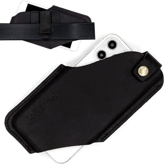 TobbinGear Leather Cell Phone Holster with Belt Clip, Universal Phone Holster for Men Belt Holder, Leather Case for iPhone, Samsung Galaxy Phones, Right Hand, Medium, Black