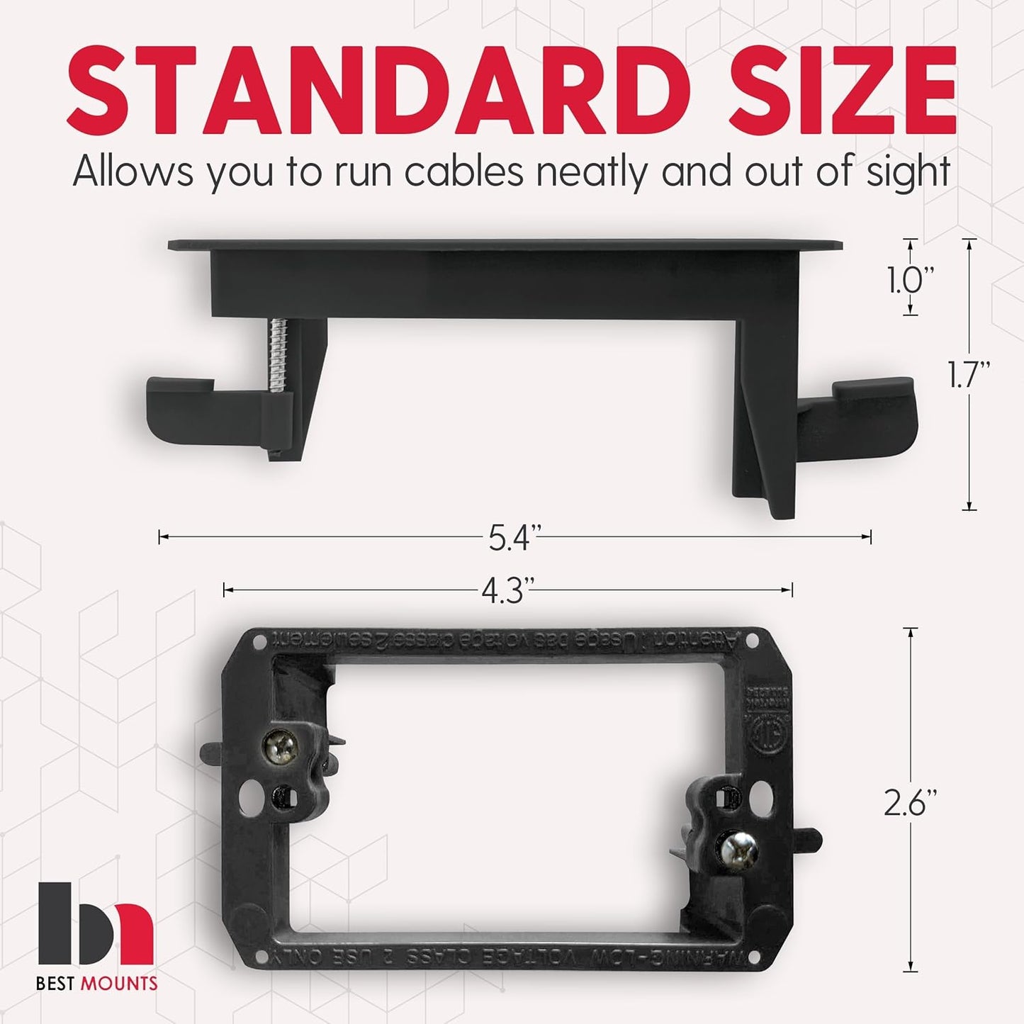 BestMounts - 1 Pack In Wall Cable Management Kit - Recessed Wall Plate Cable Pass Through Pair with Single Gang Low Voltage Mounting Bracket - TV Cord Hider for Wall Mounted TV ETL Listed