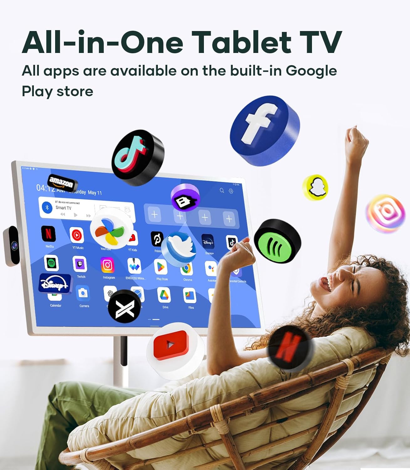 Cozyla Mate 32 Inch Mobile Portable TV Stand on Wheels Support Google Store Full Swivel Rotation Portable Touch Screen Monitor Built-in Battery Smart Rolling Tablet TV 4K Camera Remote Control White