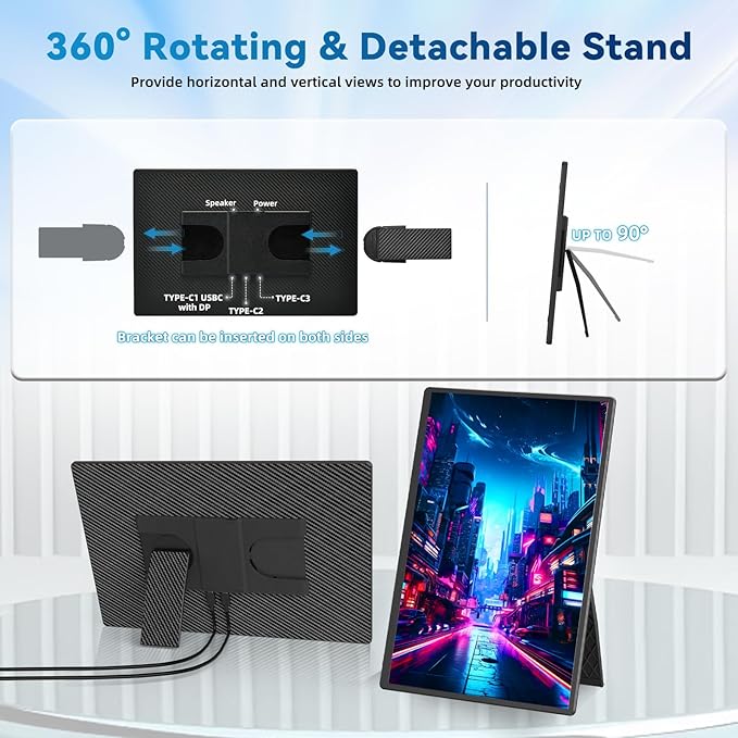 Portable Monitor Laptop Screen Extender - 16" 1200P FHD Travel External Display USB-C HDMI Port Detachable Kickstand Gaming Monitor Compatible with Wins Mac Chrome Dex Phone