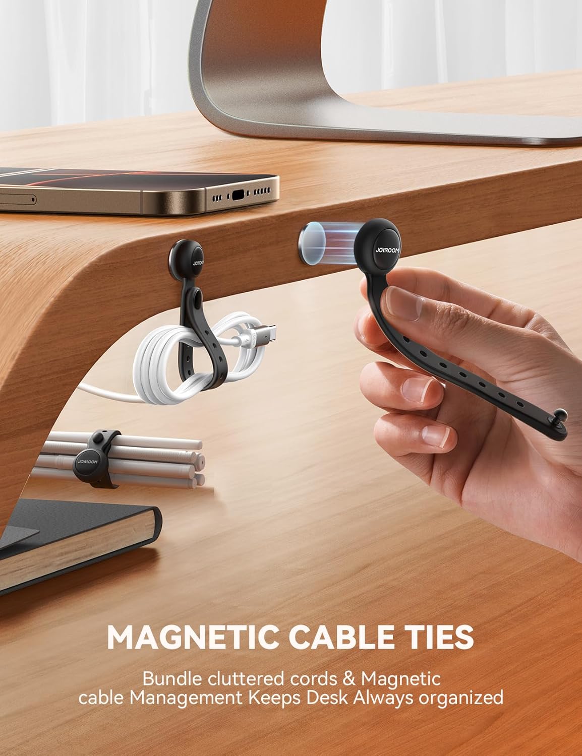 2025 Upgraded Magnetic Cable Ties with Magnets for Bundling & Cable Management– JOYROOM Reusable Silicone Cord Ties Multi-Purpose Cord Organizer Clips for Home, Office & Travel (12-Pack,Black)