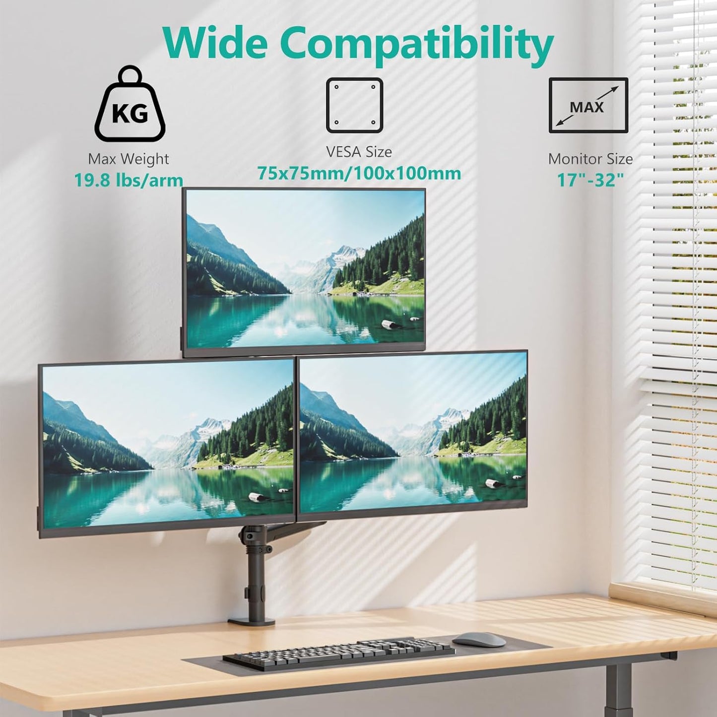 WALI Triple Monitor Mount for 17-32 Inch Screens, Full Adjustable 3 Monitors Desk Mount with Clamp & Grommet Base, Gas Spring Monitor Arm, up to 19.8lbs Each, VESA 75x75 100x100 mm (GSDM003XL), Black