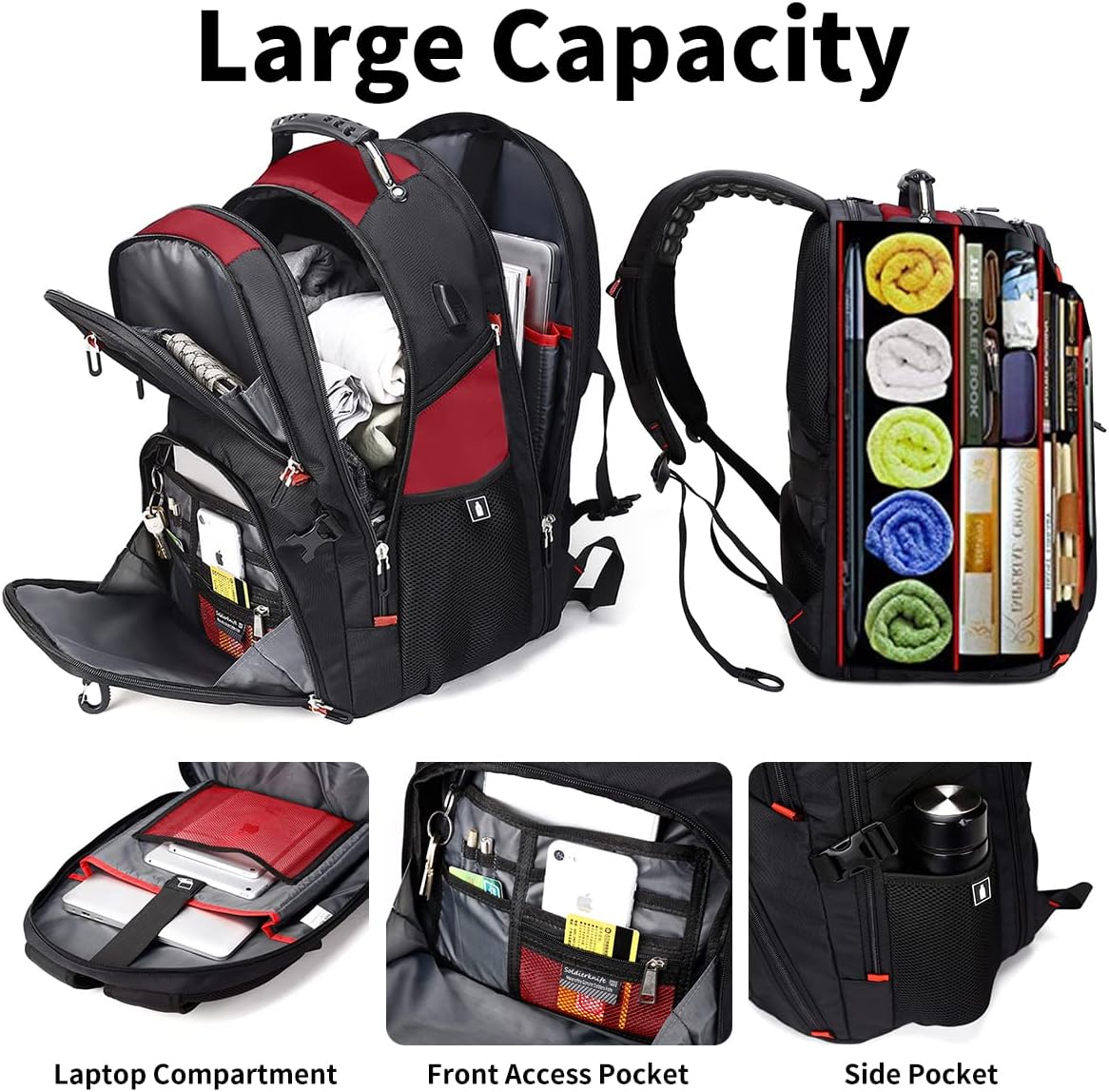SHRRADOO Extra Large 50L Travel Laptop Backpack with USB Charging Port, College High School Backpack Airline Approved Business Work Bag Fit 17 Inch Laptops for Men Women,Red
