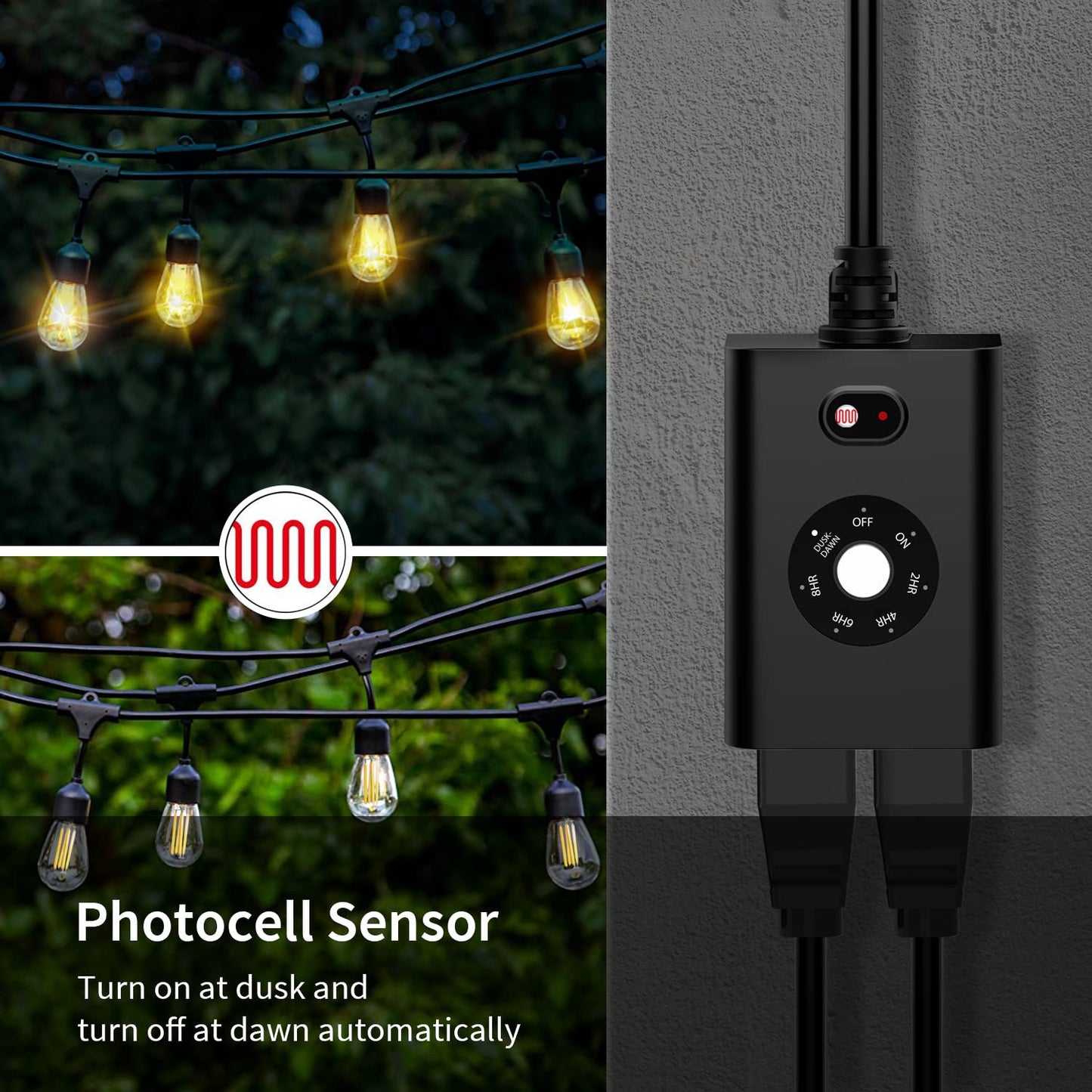 Minoston Outdoor Timer Outlet Waterproof, Dusk to Dawn Photocell Light Sensor Socket, 2/4/6/8 Hours Cutdown Timer, 2 Grounded Outlets for Christmas and Hallowen Deceration, Black(MP40T)