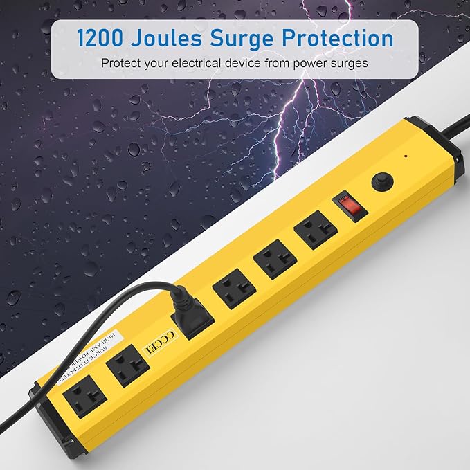 CCCEI Heavy Duty Power Strip Surge Protector 20 Amp, High Amp Industrial Shop Garage Metal Multiple Outlets, 6 FT 12 Gauge 5-15P Extension Cord 6 Outlet 6-20R T-Slot 20a for Appliance, Yellow.