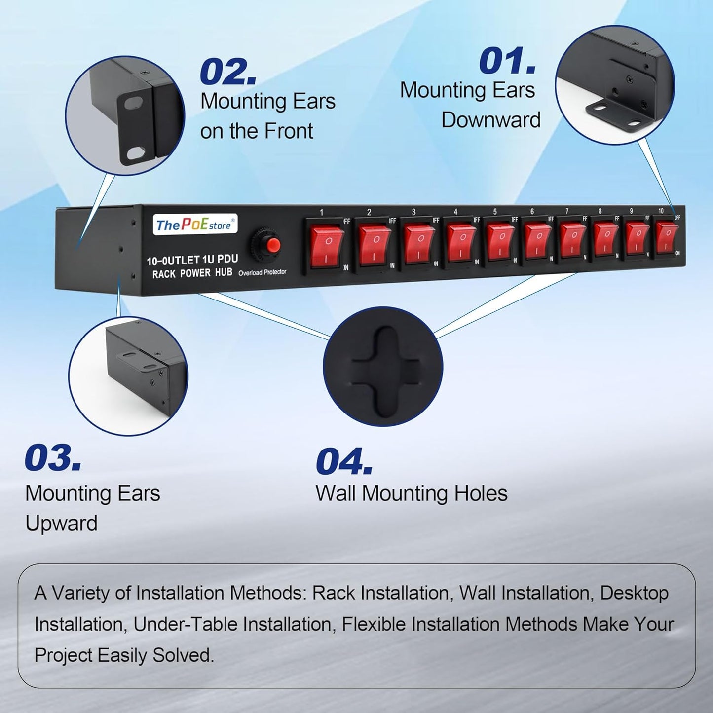 10 Outlet Horizontal 1U PDU Rack Mount Power Strip - Surge Protection,10 Individual Led Switches，AC 100V-240V-15A.for Network Server Racks, 6 ft Heavy Power Cord, ETL Listed