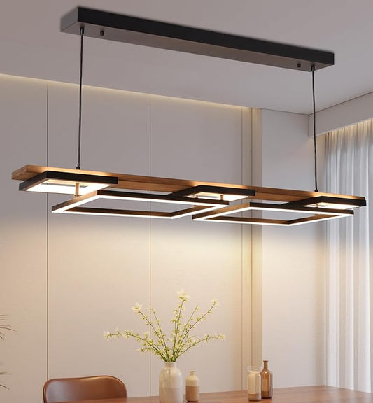 Vintage Wood LED Kitchen Island Light, 65W Stepless CCT Adjustable & Dimmable 47'' 2-Layer Wood Pendant Light Fixture with Remote, Ceiling Mounted Hanging Lamp for Dining Room, Bedroom，Black