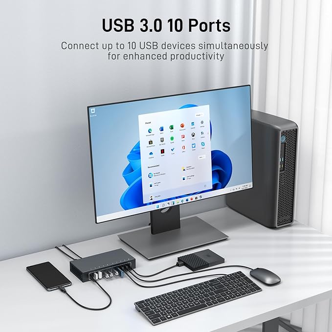 10 Port USB 3.0 Hub, Industrial Powered USB Data Hub with 12V/3A Adapter 105W Output, Rugged Metal Case Mountable USB Expander Splitter