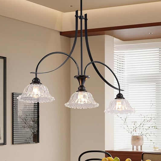 Vintage Pendant Light Fixtures for Kitchen Island,3-Light Black Dinner Room Chandelier with Flower Lampshade, Adjustable Height Hanging Light Fixture for Hallway Entryway