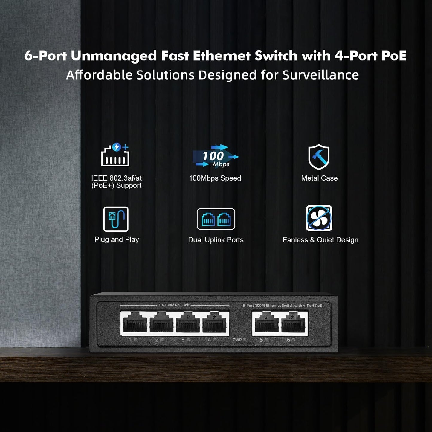 6 Port Mini PoE Switch with 4 PoE+, 2 Uplink, 10/100Mbps Ethernet, 65W 802.3af/at PoE, Fanless Metal Plug & Play PoE+ YuLinca Network Switch