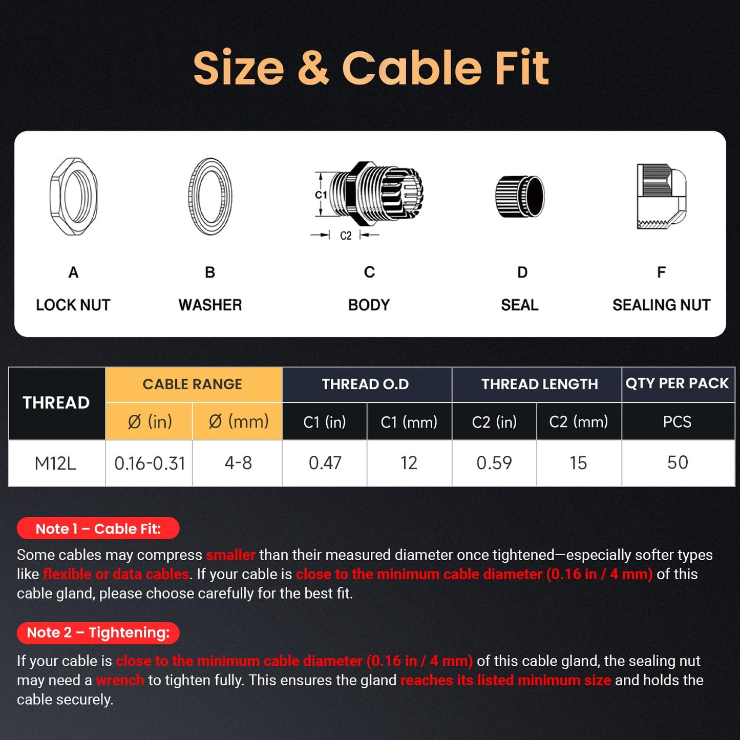 QILIPSU 50pcs M12L Long Thread Cable Gland Waterproof IP68 Nylon Strain Relief Cord Grip Cable Pass Through Wire Connector