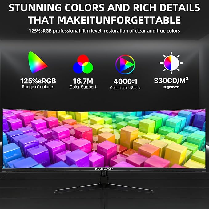 49 Inch Curved Ultrawide Gaming Monitor, 4K (3840x1080P), 165Hz, HDR10 1500R, 32:9, AMD FreeSync, 125% sRGB, Computer Monitor, HDMI/DP VESA100*100mm Black