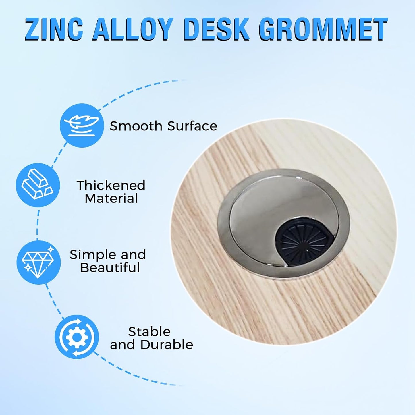 Desk Grommet 2-3/8" (60 mm), Desk Cord Hole Cover, Cable Grommet Metal Zinc Alloy Materilal, Desk Hole Grommet for Office and Home Table Cable, Detachable Cable Cord Organizer (Brushed Silver 2 Pcs)