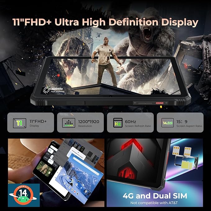 HOTWAV R9 Pro 2025 Rugged Tablet Android 14-2K 11 Inch 20080mAh Waterproof Tablet, 20GB+256GB/2TB SD Outdoor Tablets, 64MP+16MP Camera IP68&IP69K/Dual SIM 4G/WiFi 5/Face ID, GPS/OTG/Camping Lantern