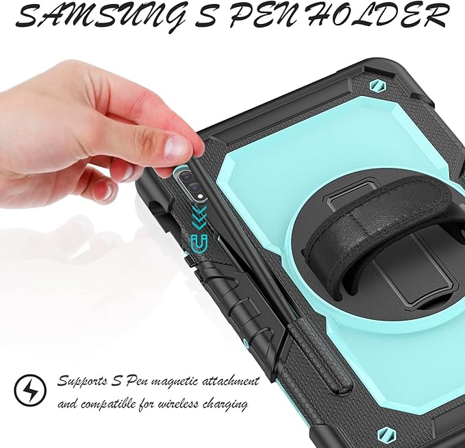 Tablet Case for Samsung Galaxy Tab S8/S7 11-inch 5G 2022/2020 [with Tempered Glass Screen Protector], Rotating Kickstand/Hand & Shoulder Strap/S Pen Holder (SkyBlue)