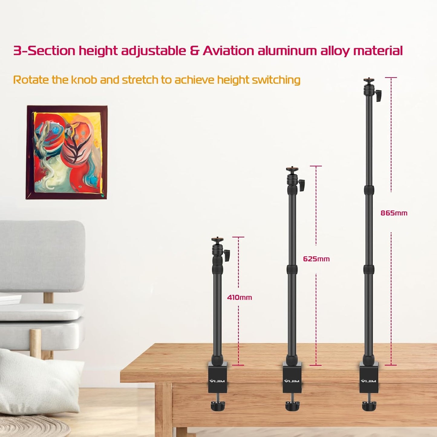 PICTRON LS10 Camera Desk Mount Table Stand with 1/4" Ball Head, 16"-33.8" Adjustable Light Stand, Tabletop C Clamp Arm for DSLR Camera, Ring Light, Live Streaming, Photo Video Shooting