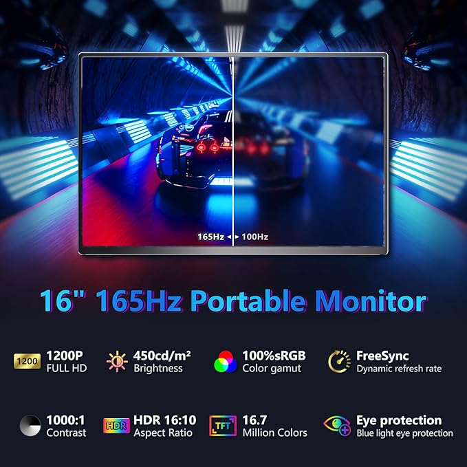 Portable Monitor 16inch 1200P 165Hz 450Nits 100%sRGB Portable Gaming Monitor USB-C HDMI Laptop Screen Extender, with Smart Cover,Dual Speakers, Portable Monitor for Laptop, PC Phone Xbox Switch