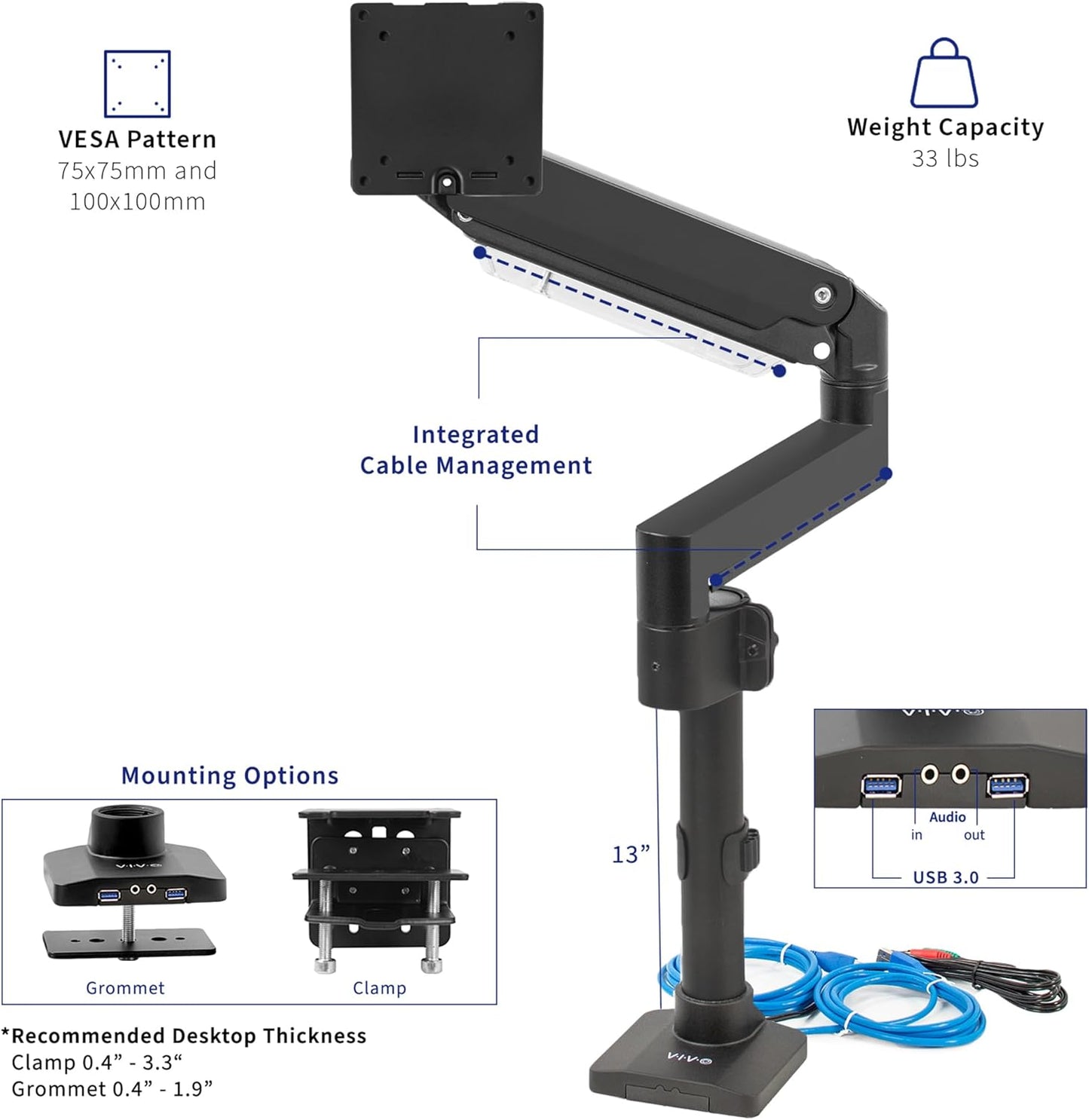 VIVO Premium Aluminum Tall Extended Monitor Arm for Ultrawide Monitors up to 49 inches and 33 lbs, USB Single Desk Mount Stand, Pneumatic Height Adjust, Max VESA 100x100, Black, STAND-V101GTU