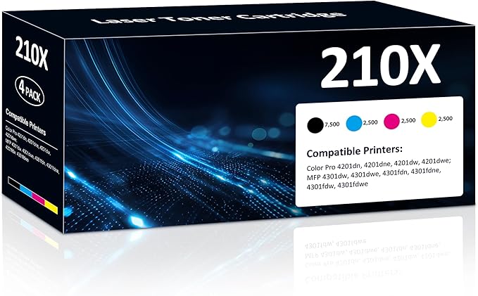 210X Toner Cartridges 4 Pack Compatible for 210X High Yield 210A Set for Color LaserJet Pro 4201dn 4201dne 4201dw 4201dwe MFP 4301dw 4301dwe 4301fdn 4301fdne 4301fdw 4301fdwe Printer(BK/Y/M/C)