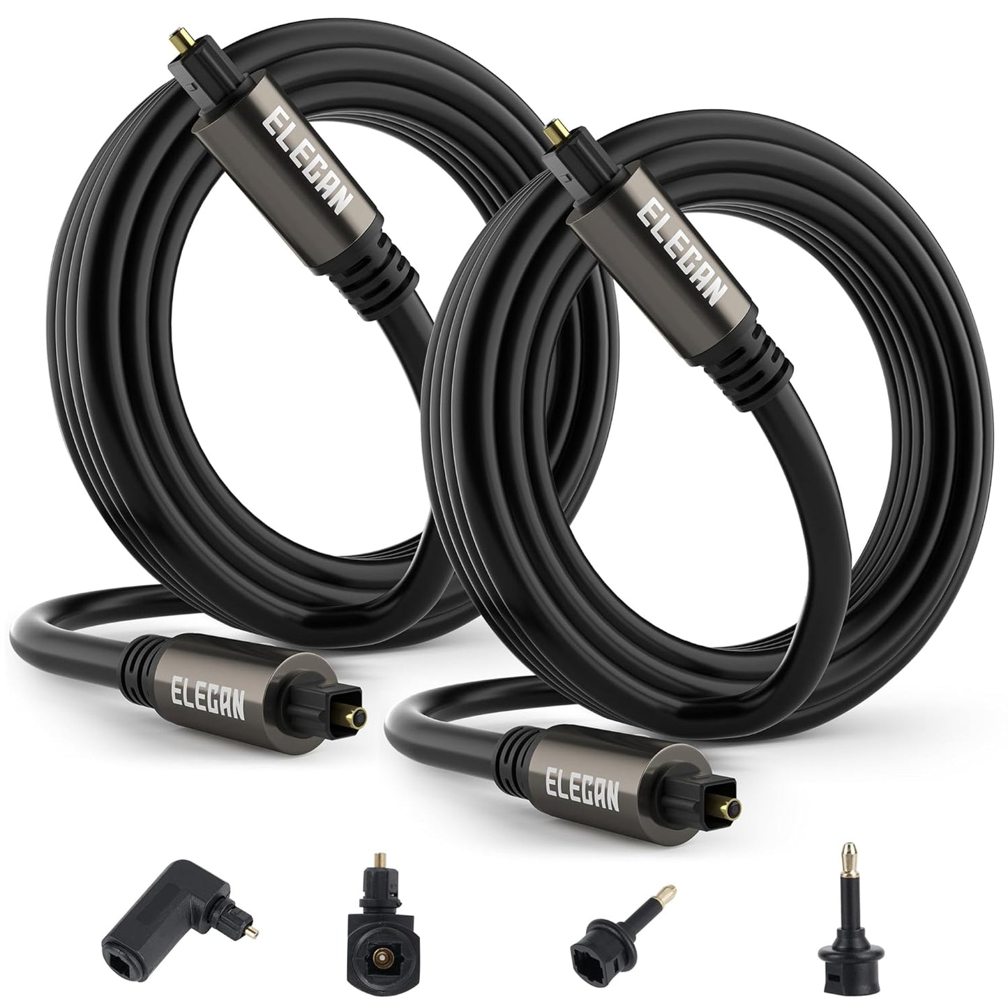 Elecan Optical Audio Cable 8 Ft/2 Pack Digital Audio Toslink Cable Cord-Fiber Optic-Gold Plated-Flexiable&Durable-for Home Theater,Sound Bar,PS4& Xbox-with Right Angled+Mini Toslink Adapters+Ties