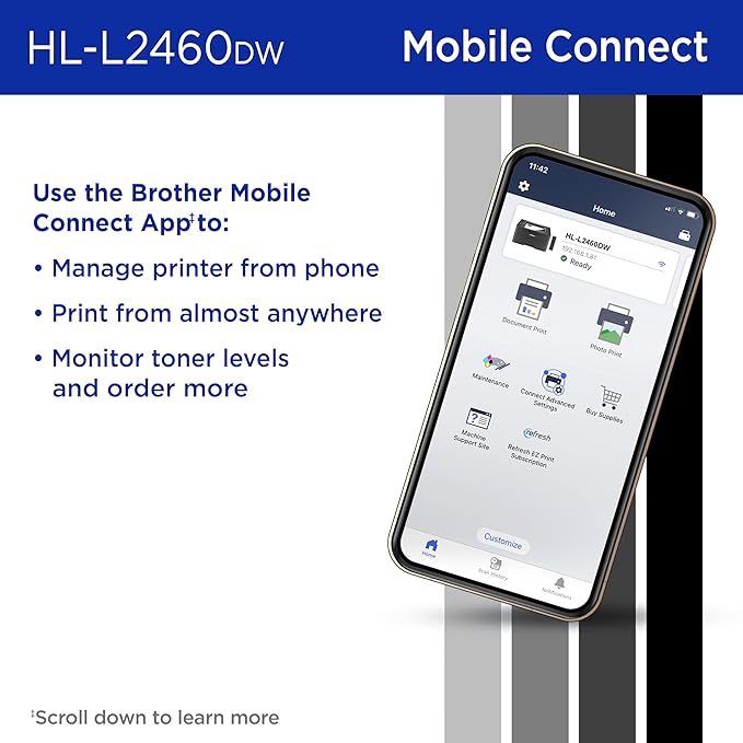 Brother HL-L2460DW Wireless Compact Monochrome Laser Printer with Duplex, Mobile Printing, Black & White Output | Includes Refresh Subscription Trial(1), (Renewed Premium - Refurbished)