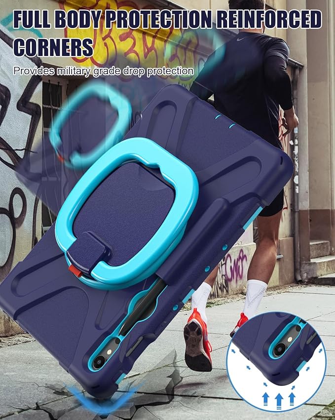 BRAECN Kids Case for Samsung Galaxy Tab S10 Lite/S10 FE 2025 & S9 FE/S9 2023 10.9"/11" | Heavy Duty Shockproof Silicone Cover with Rotating Handle, Shoulder Strap, Kickstand & S Pen Holder, Navy Blue
