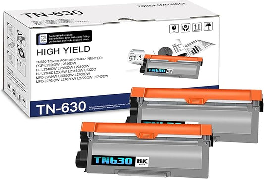 2-Pack TN630 Black Toner Cartridge, Replacement for Brother TN-630 for HL-L2300D L2305W L2315DW L2320D L2340DW L2360DW L2380DW MFC-L2680W L2700DW L2705DW L2720DW L2740DW DCP-L2520DW L2540DW Printer