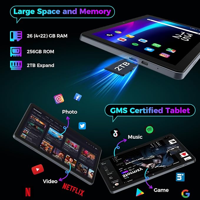 Android 15 Tablet with Keyboard, 26GB RAM, 256GB ROM(2TB Expand), 10 inch tablet with Octa-core, 8000mAh Battery, 2.4G/5G WiFi, BT 5.0, 5MP+13MP Camera, Gemini AI, Case, Mouse, Stylus (Black Case)