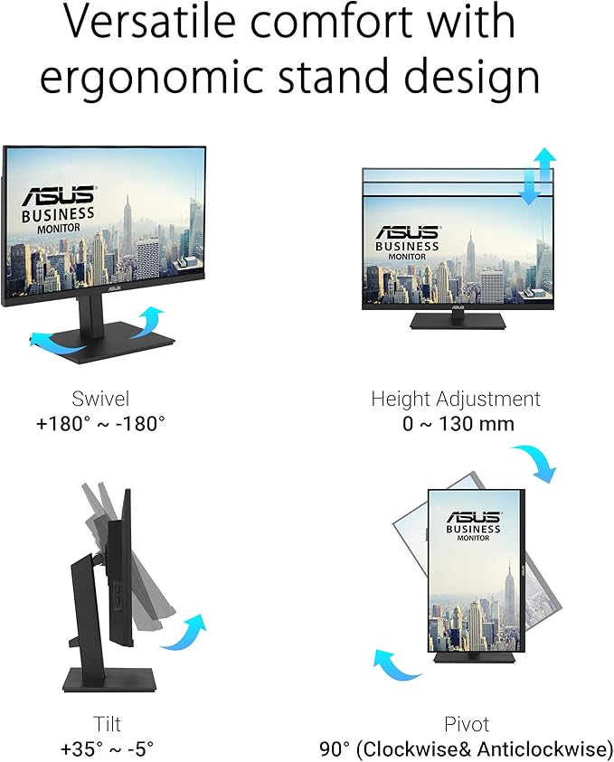 ASUS 23.8” 1080P Docking Monitor (VA24ECPSN) - Full HD, IPS, 75Hz, Adaptive-Sync, Speakers, Eye Care, Low Blue Light, Flicker Free, USB-C, RJ45, HDMI, Frameless, Height Adjustment, VESA Wall Mountable