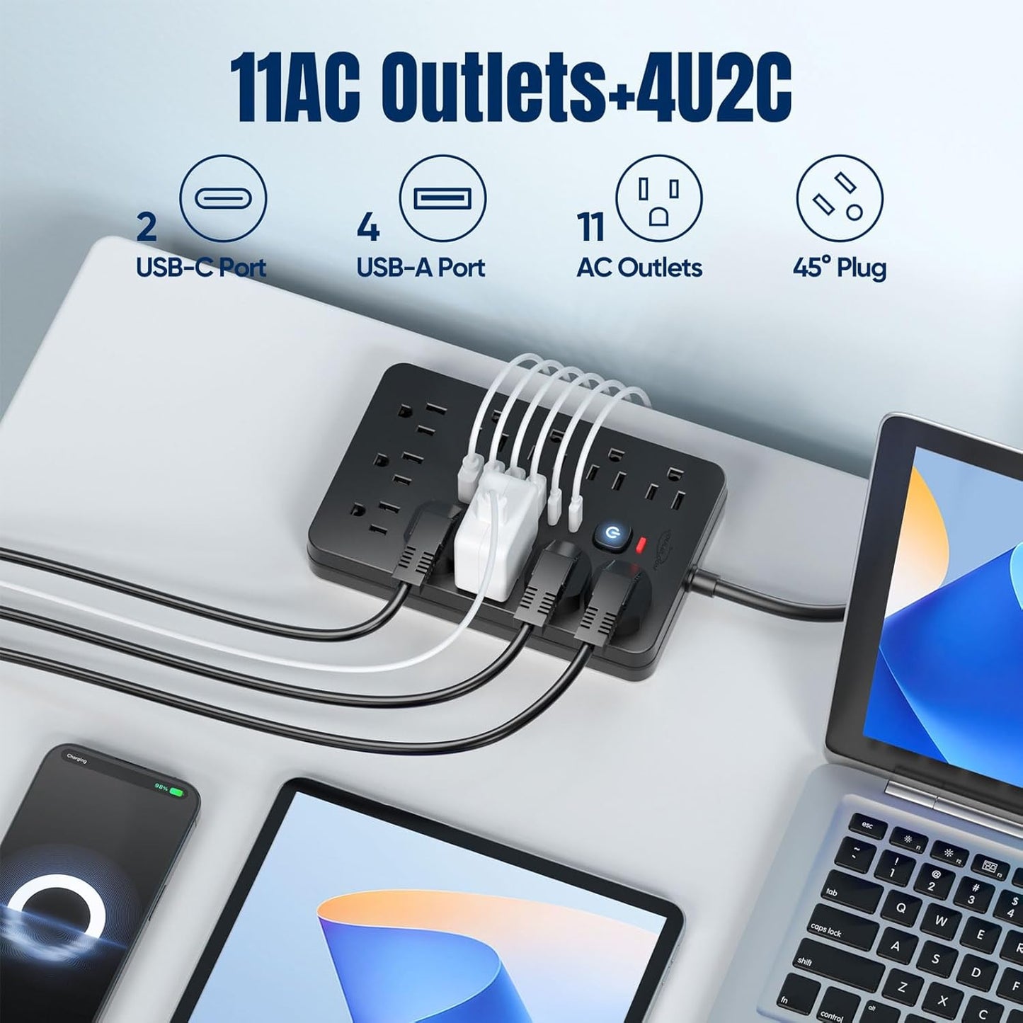 5 FT Flat Plug Surge Protector Power Strip,11 Multiple AC Outlets with 6 USB Ports (2 USB C), 5 Feet Extension Cord, 1250W/10A, One Touch Switch Button, 17 in 1 Compact powerstrip